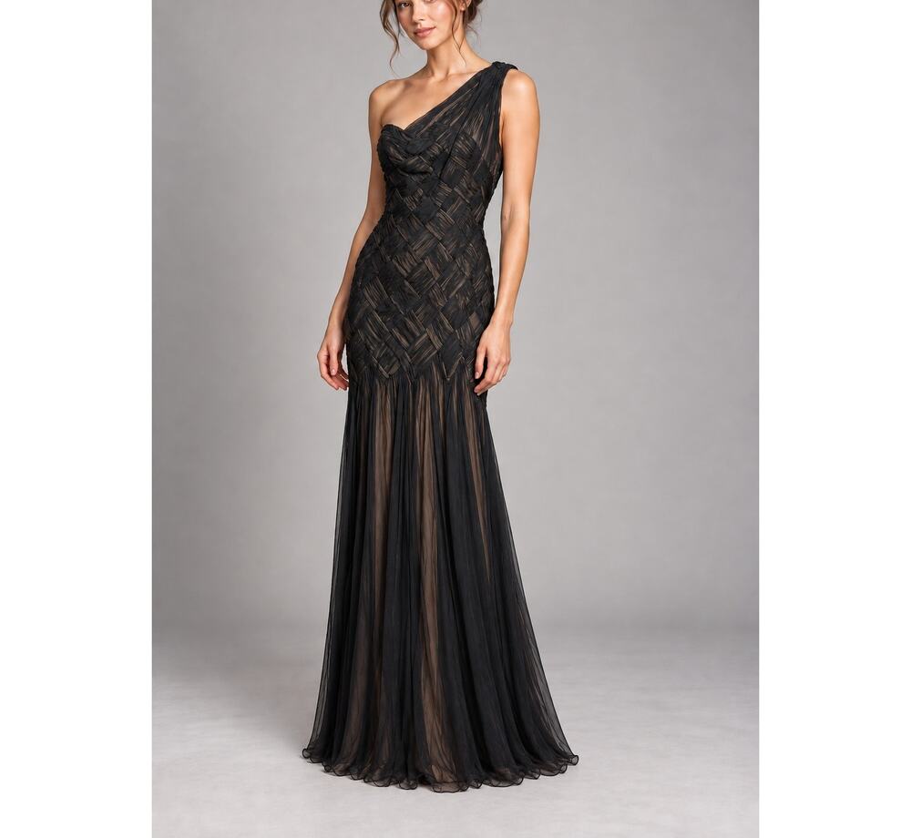 Tadashi Shoji Black One Shoulder Silk Gown Sz. 6 - Picture 1 of 12
